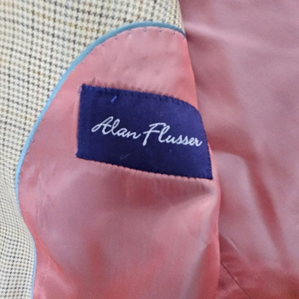 Alan Flusser Mens Silk Worsted Wool Houndstooth Sport Coat Blazer 46R Tan Brown
